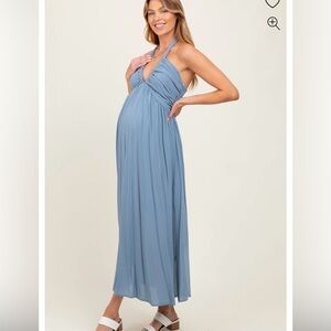 Blue Halter Neck Side Slit Maternity Midi Dress